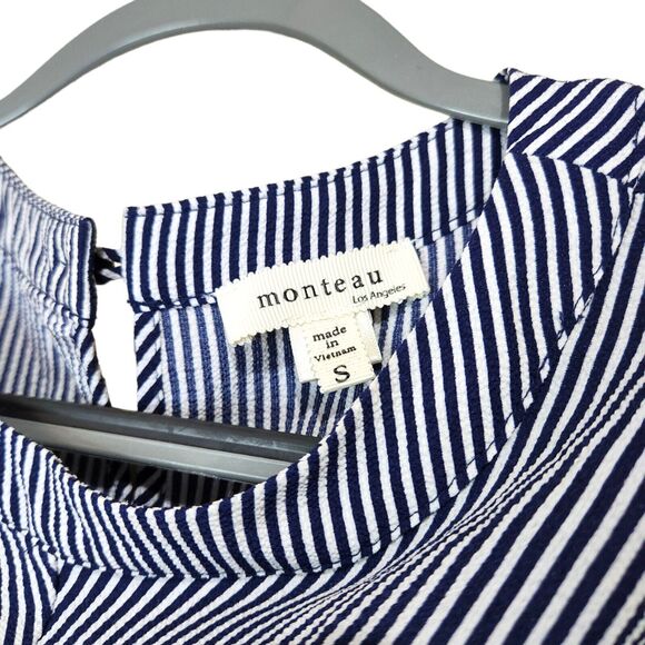 Women’s Monteau Blue White Striped Short Sleeve Shirt Size S Peplum Hem - Picture 3 of 3